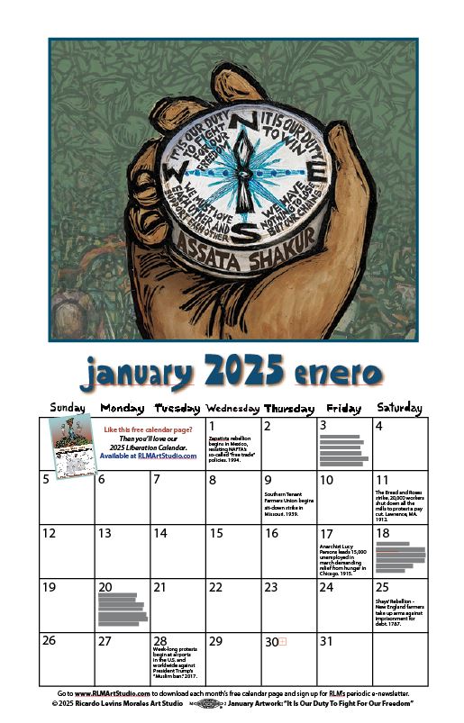 Monthly printable calendar page, artwork by Ricardo Levins Morales