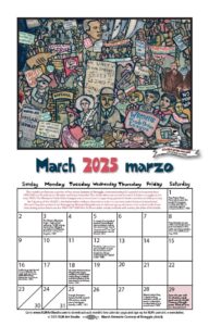 Monthly printable calendar page, artwork by Ricardo Levins Morales