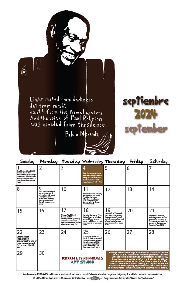 Monthly printable calendar page, artwork by Ricardo Levins Morales