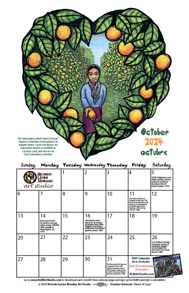 Monthly printable calendar page, artwork by Ricardo Levins Morales