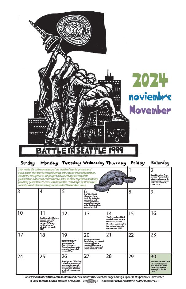 Monthly printable calendar page, artwork by Ricardo Levins Morales