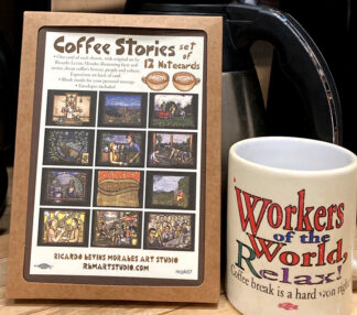 Coffee Stories set of 12 themed greeting cards about coffee culture and history, by Ricardo Levins Morales