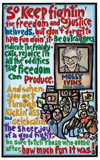 Molly Ivins poster and card by Ricardo Levins Morales